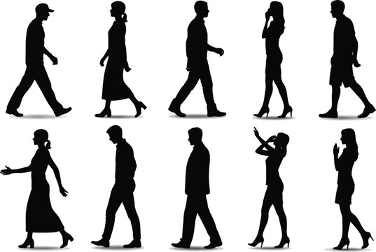 Silhouettes of diverse people walking in various poses, creating a dynamic and engaging composition