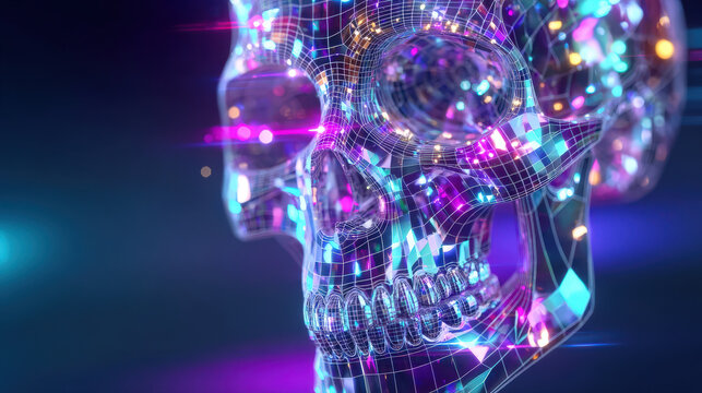 Neon skull wireframe with voxel shatter and holographic lights, glowing futuristic crystal skull with colorful grid reflections and electric bokeh atmosphere