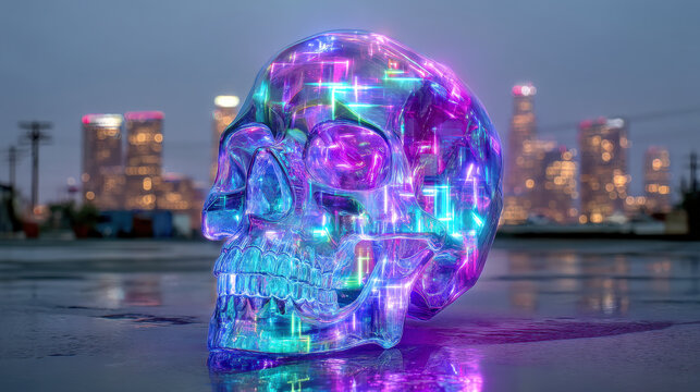 Neon cyber skull altar holographic skull rain soaked alley glowing skull futuristic skull city skyline skull