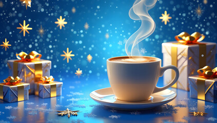Steaming cup of coffee with Christmas gifts festive holiday scene with bokeh lights and snowflakes perfect for seasonal promotions