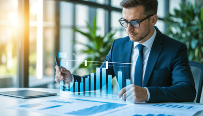 Businessman analyzing financial data with digital graph on table
