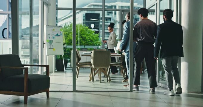 Walking, meeting or people in office with start, support or discussion in data sourcing workshop. Back, team or analyst in agency with collaboration, employee training or arrival for strategy session