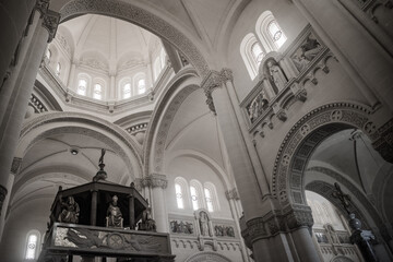 Main altar of the Ta' Pinu Basilica with baldachino and Old Testament figures, with arcades and dome in perspective, Gharb - Gozo MALTA © Liliana