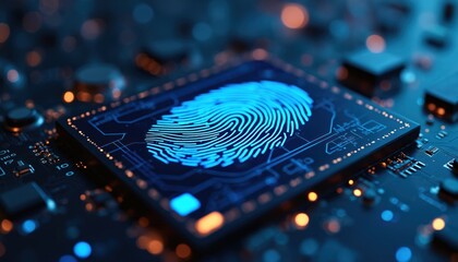 Glowing blue fingerprint sits on high tech microchip, dark circuit board. Biometric data security concept shows digital identity protection for people. Represents modern tech for real time fraud