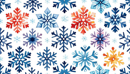Watercolor snowflakes in various colors on white background  