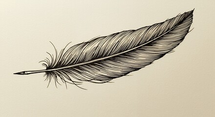 Detailed illustration of a single feather with intricate shading and fine lines on a neutral background