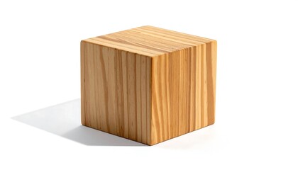 A close-up shot of a wooden cube sits on a white background, creating a shadow. The cube is a warm shade of wood