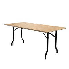 Fototapeta premium A light wood-grain rectangular folding table with black metal legs, perfect for events, banquets, or versatile home and office use, isolated on a transparent background. background removed