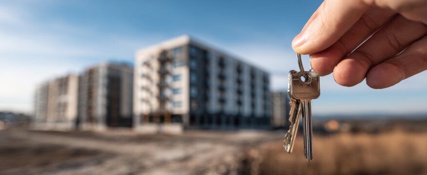 Hand holding keys symbolizing new apartment ownership against modern building background