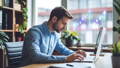 Young man working on laptop in modern office with plants  