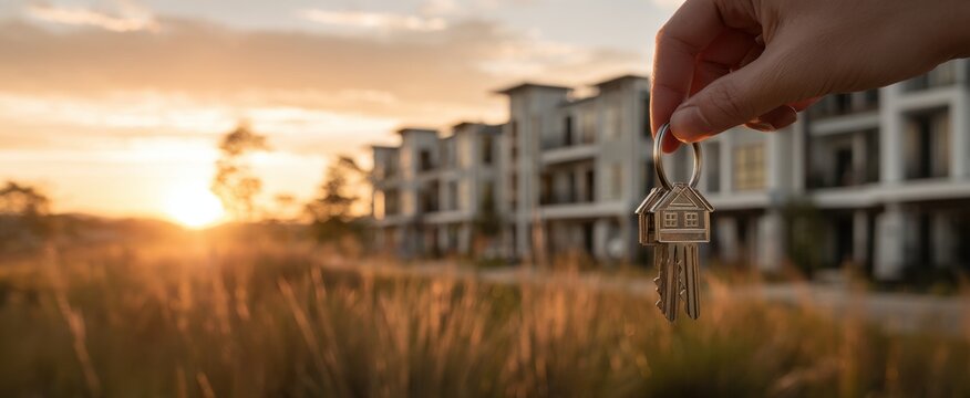 Real estate investment concept with modern apartment keys at sunset