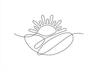 One continuous line drawing of clouds with sun in the sky. Weather symbol and storage concept in simple linear style. Editable stroke. Hand drawn one line vector.	
