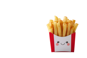 A cheerful box of golden seasoned french fries with a cute kawaii face, isolated on a transparent background. background removed