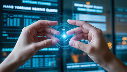 Hands interacting with holographic data interface in a modern workspace  