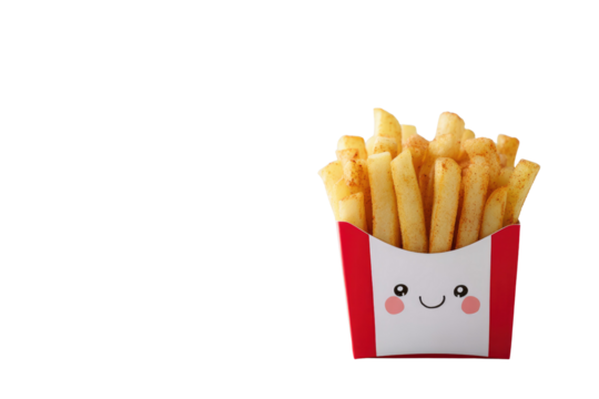 A cheerful box of golden seasoned french fries with a cute kawaii face, isolated on a transparent background. background removed