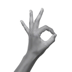 hand making OK gesture isolated on white background, symbolizing approval, success, and positivity in retro pop art style