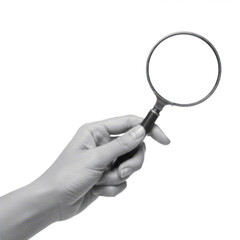 hand holding magnifying glass isolated on white background, symbolizing search, research, and discovery in retro pop art style