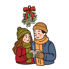 Hand-drawn doodle illustration of a cute couple standing under mistletoe with hot drinks. Simple cozy Christmas scene, perfect for cards, stickers, and festive designs.
