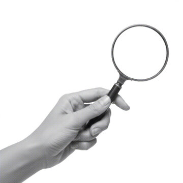 hand holding magnifying glass isolated on white background, symbolizing search, research, and discovery in retro pop art style