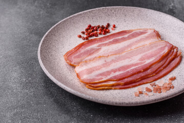 Meat, raw pork bacon sliced, organic food, protein for snacks. Raw bacon as a background