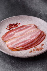 Meat, raw pork bacon sliced, organic food, protein for snacks. Raw bacon as a background