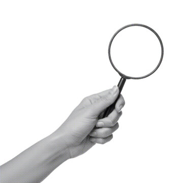 hand holding magnifying glass isolated on white background, symbolizing search, research, and discovery in retro pop art style