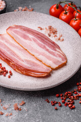 Meat, raw pork bacon sliced, organic food, protein for snacks. Raw bacon as a background