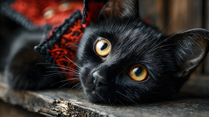 Portrait of cute black cat with yellow eyes in vampire costume for Halloween, lying on shelf wood dark background. Pet in wizard happy funny moments friendly ghost carnival holiday celebration concept