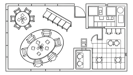 Set of CAD Furniture Top View Symbols in Minimal Line Style for Architectural Floor Plans and Interior Design Drawings