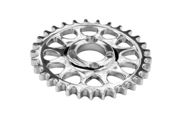A highly reflective, silver metallic gear with intricate cutouts, rendered against a stark transparent background, showcasing mechanical precision and engineering. background removed