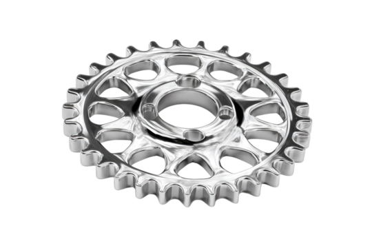A highly reflective, silver metallic gear with intricate cutouts, rendered against a stark transparent background, showcasing mechanical precision and engineering. background removed