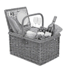 Halftone dotted illustration of a summer basket with stuff isolated on white background, representing vacation, picnic, and relaxation in retro pop art style