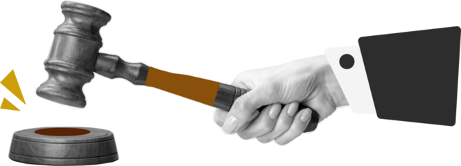 Hand banging wooden gavel in black and white pop art digital collage