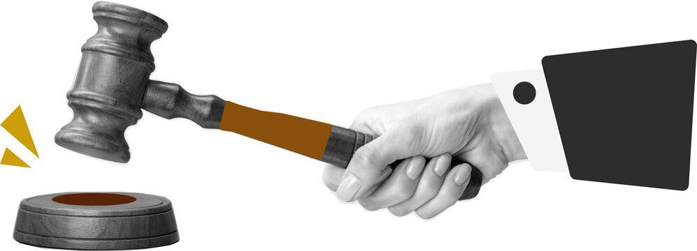 Hand banging wooden gavel in black and white pop art digital collage