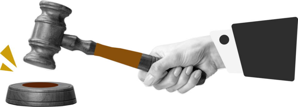 Hand banging wooden gavel in black and white pop art digital collage