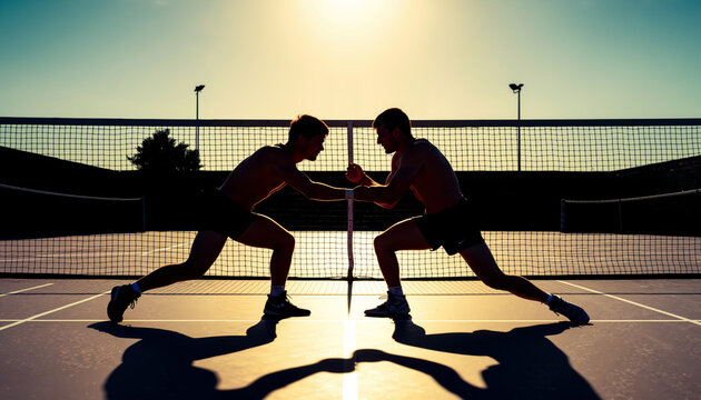Two men engaging in tennis match silhouette at sunset - Powered by Adobe