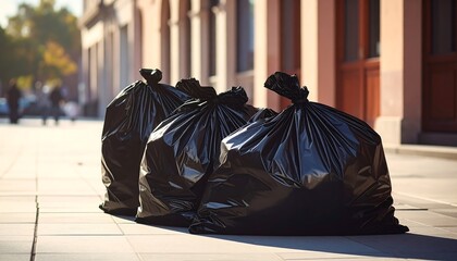 Garbage Bags on Sidewalk in Urban Setting.