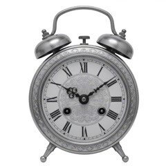 Halftone dotted illustration of an alarm clock isolated on white background, representing time, punctuality, and wake-up concept in retro pop art style