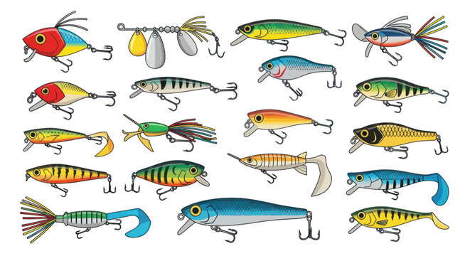 Collection of Colorful Fishing Lures with Hooks.