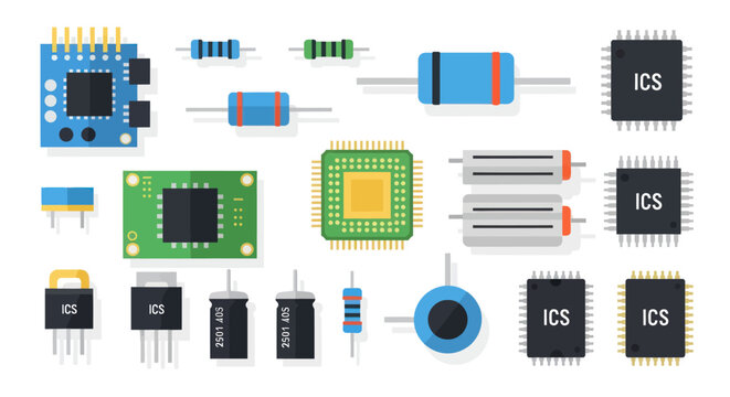 Assortment of Electronic Components Including Resistors Capacitors and Integrated Circuits.