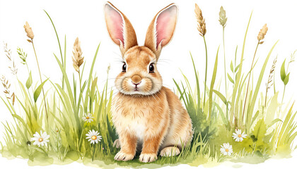 Obraz premium Cute rabbit sitting in green grass with flowers in spring 
