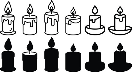 Black and white vector icons of burning candles and wine glasses are a set of celebration symbols and design illustrations