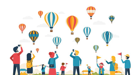 Diverse group of people watching colorful hot air balloons ascend into the sky. © wong