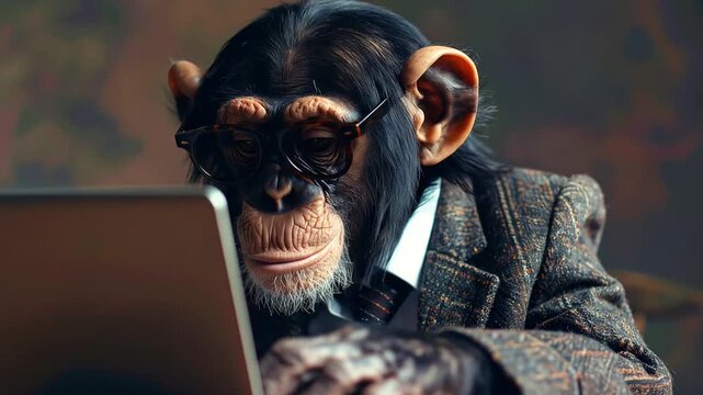 Portrait of a clever ape in formal attire acting like a human businessman, concentrating on his work