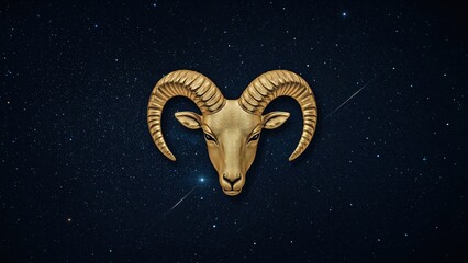 Golden aries ram symbol with curved horns against starry night sky, astrology zodiac sign, cosmic horoscope, celestial background, astronomy concept