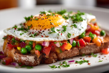 Gourmet breakfast dish with rustic toasted sourdough and fresh vegetables