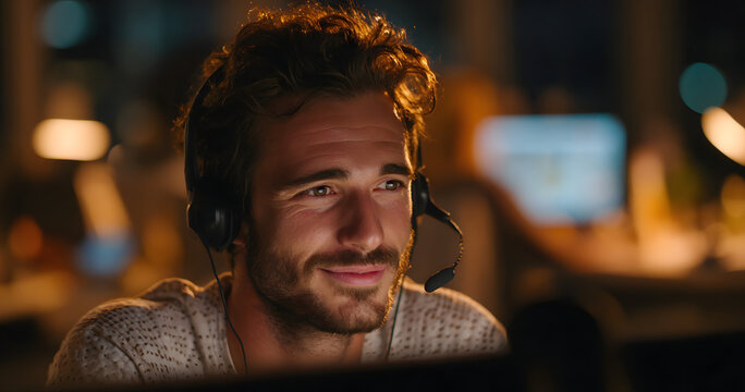 Mouth, telemarketing and man with mic, call center and communication with contact at night or sales. Working late, agent and person with tech for customer service, space and smile for consultation - Powered by Adobe