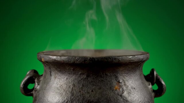 An old, weathered cauldron experiencing small, controlled explosions of golden sparks and smoke, isolated on a solid green background compositing element, fantasy, animated