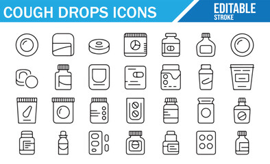 Editable Vector Icons of Cough Drops and Medical Bottles