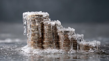 Ice-covered coins stacked in a decreasing order create a striking visual of financial challenges and economic downturns